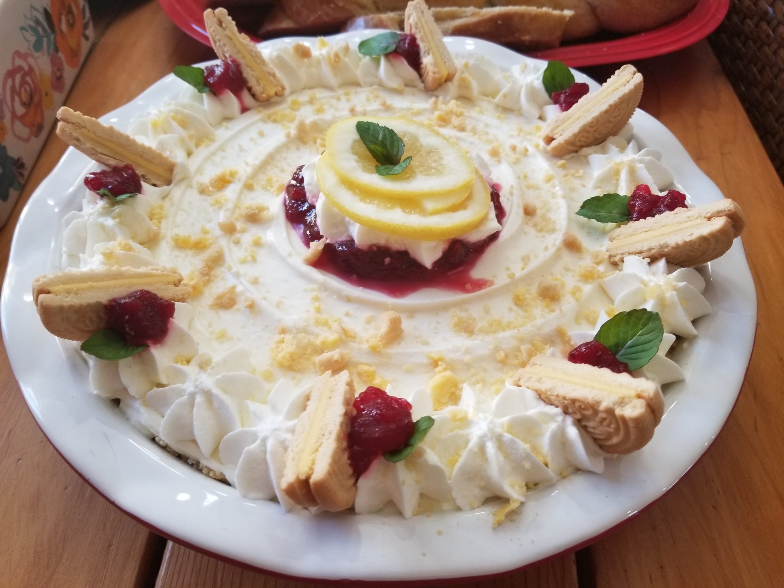 No-Bake Lemon Cheesecake with Cranberry Topping.