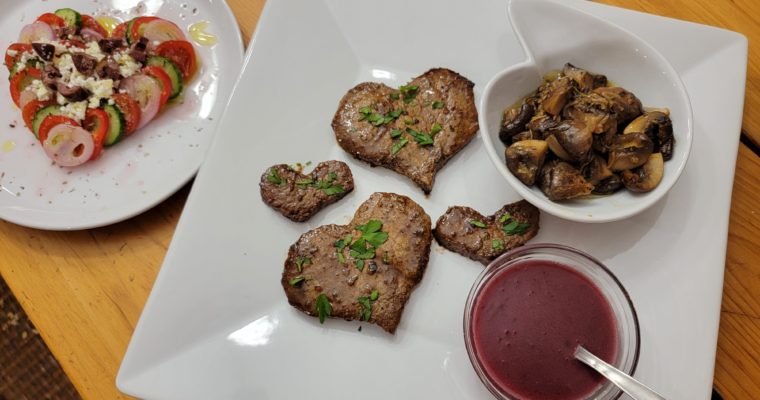 Be My Valentine Steaks with Beurre Rouge Sauce and Roasted Mushrooms