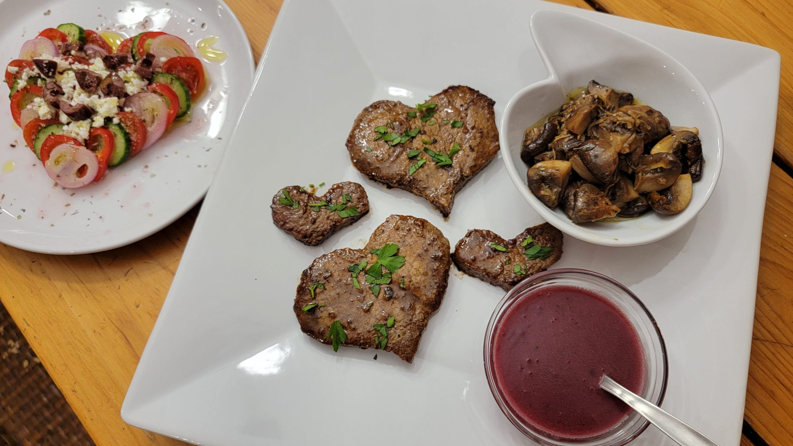 Be My Valentine Steaks with Beurre Rouge Sauce and Roasted Mushrooms